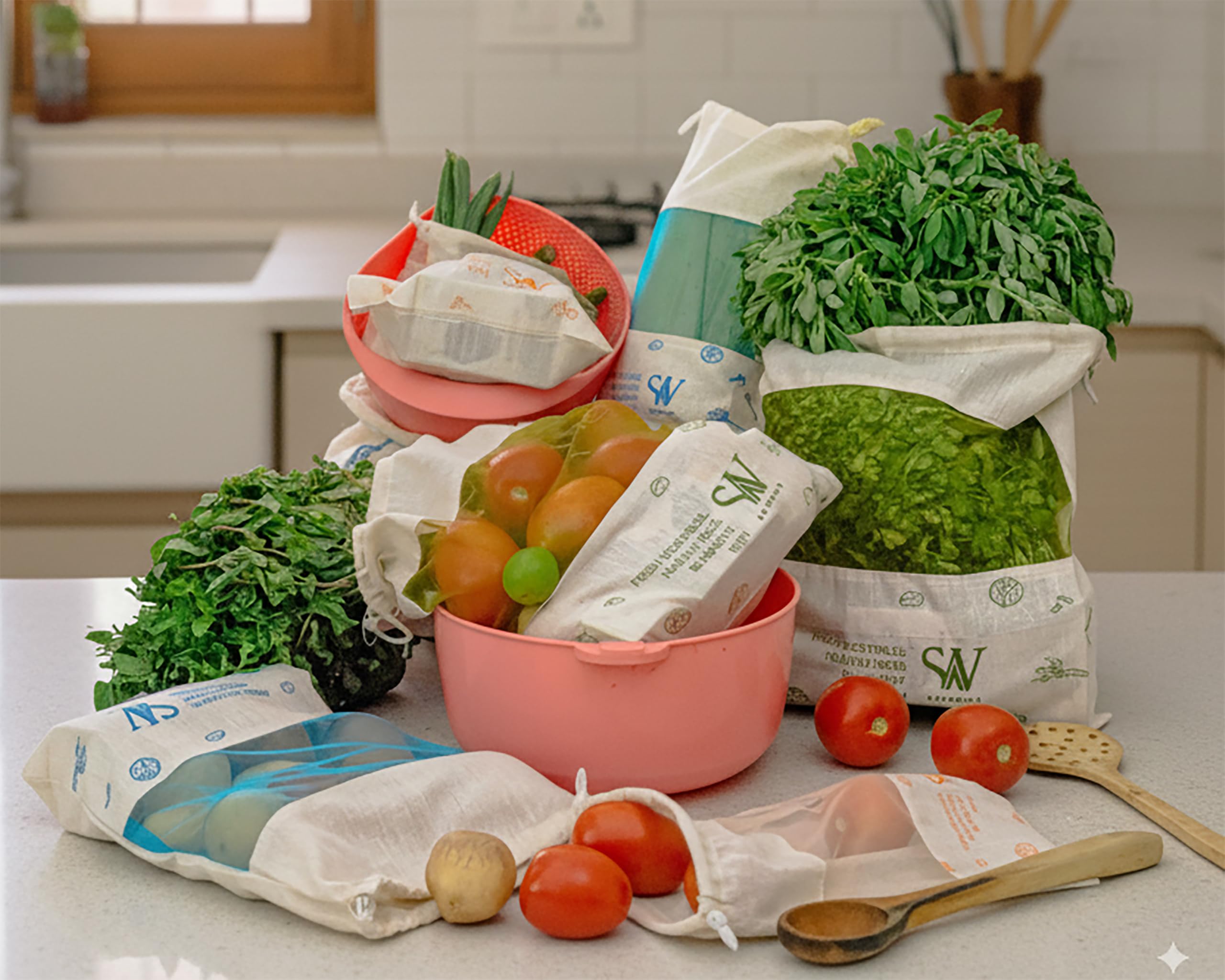 Skinwoo Set of 12 Organic Cotton Reusable Vegetable Bag for Fridge/Eco Friendly Storage Bags | Perfect for Fruits, Vegetables, P